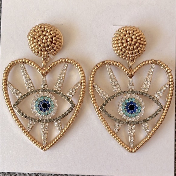 Brand New BaubleBar Evil Eye Heart Gold Tone Beaded Sparkly Drop Earrings - Picture 4 of 11
